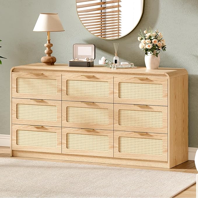 Mid Century Modern Dresser,Rattan 9 Drawers Dresser for Bedroom, 59" Wide Wood Dressers & Chests of Drawers/Curved Profile Design, Natural Texture for Bedroom, Living Room, Warm Wood