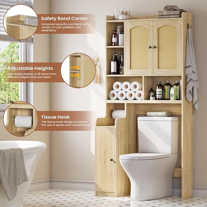 Itaar Over The Toilet Storage Cabinet, Farmhouse Rattan Bathroom Cabinet, Over Toilet Bathroom Organizer with Rattan Barn Doors & Toilet Paper Holder Stand, for Restroom, Laundry, Rattan Oak