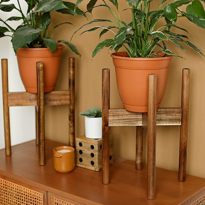 RAINBLELAND Acacia Hardwood Adjustable Plant Stand Indoor, Planter Stand Pot, Mid Century Modern Planter Holder for Indoor Plants, Outdoor Pedestal fits 8 9 10 11 12 Inches Pots, Wooden Pedestal Only