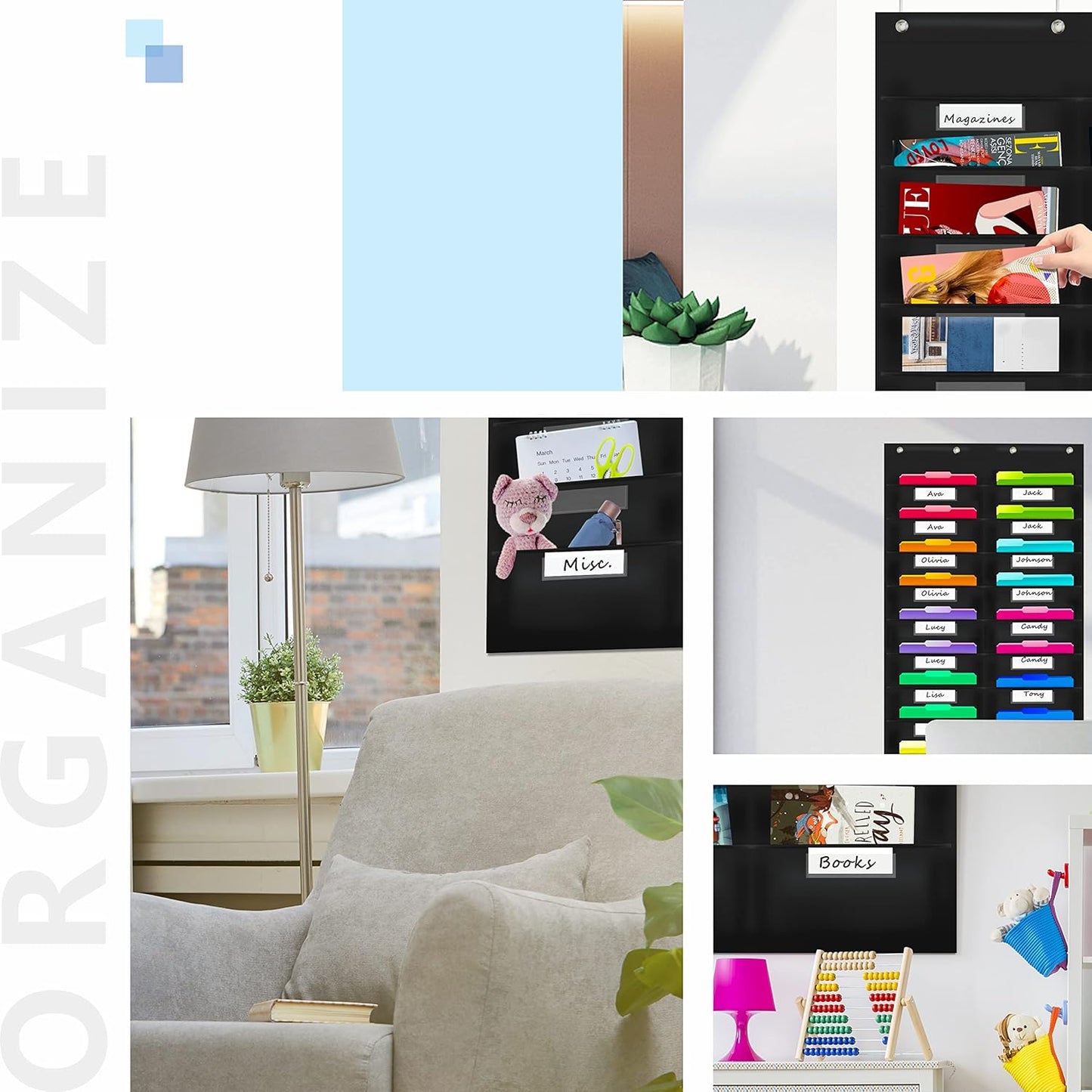 Vantasii Nylon Storage Pocket Chart - 20 Name Tag Pockets & 4 Hooks | Organize Assignments & Files (28.5”x 47”)