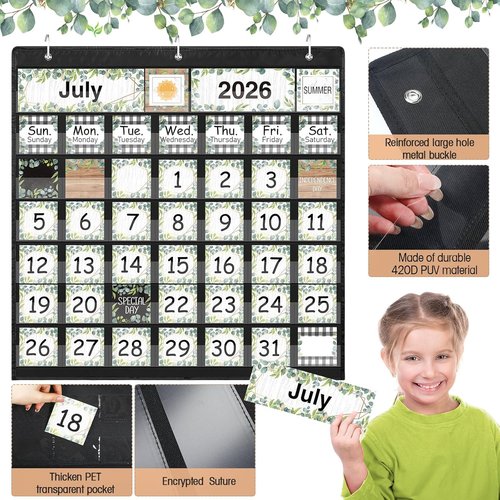 Fulmoon Classroom Calendar Pocket Chart Set - Seasonal & Weather Bulletin Board | Black & Eucalyptus