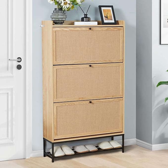LEVNARY Shoe Cabinet for Entryway, Slim Shoe Cabinet with 3 Flip Drawers Narrow Shoe Storage Cabinet, 4 Tier Freestanding Shoe Organizer for Entryway, Hallway (2, Natural Oak)