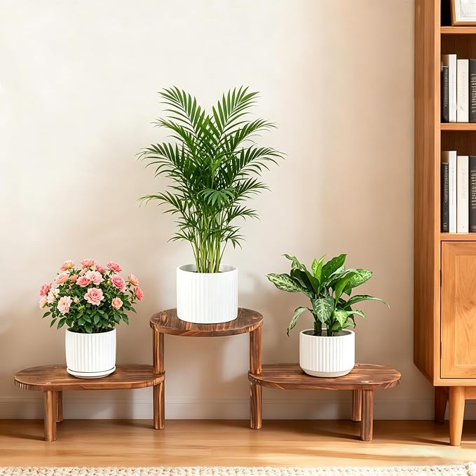 3 Tier Corner Plant Stand Indoor - Adjustable Wood Convex Flower Stand for Small Spaces, Heavy Duty Long Plant Shelf for Living Room Balcony Hallway