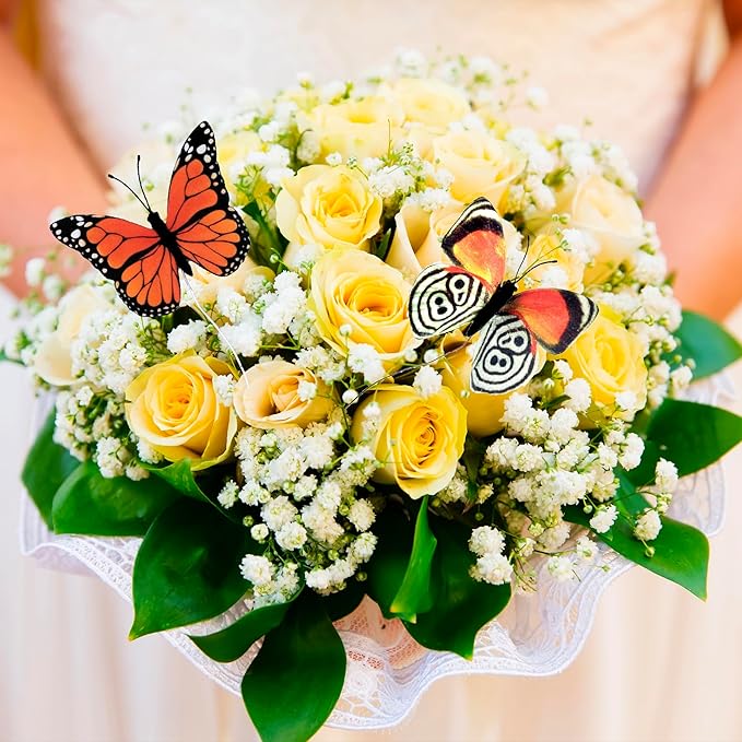 12 PCS Artificial Fabric Butterflies, 2 Sizes Reusable Butterly Crafts Decor, DIY 3D Butterfly Decorations for Fake Flowers Floral Nursery Wedding Tea Party Birthday Easter Spring. (Orange01 Medium)