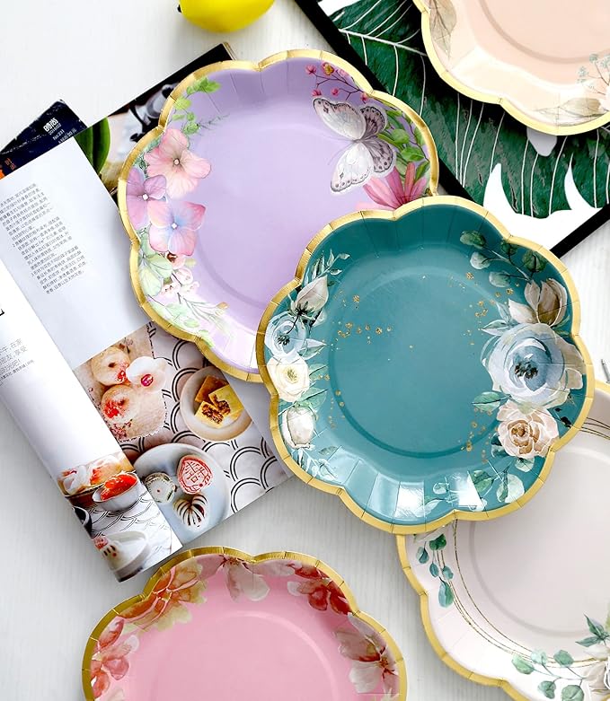 Winoo Design Floral Paper Plates - 48 PK - 9 Inch Flower Party Plates Floral Disposable Plates for Tea Party Baby Shower Brial Shower Birthday Wedding