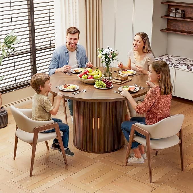 47" Round Dining Table for 4-6, Space-Saving Dining Room Table with Core Rolling Shutter Storage Shelf and Thick Tabletop, Wood Grain Dinner Table for Kitchen, Dining Room, Living Room, Walnut