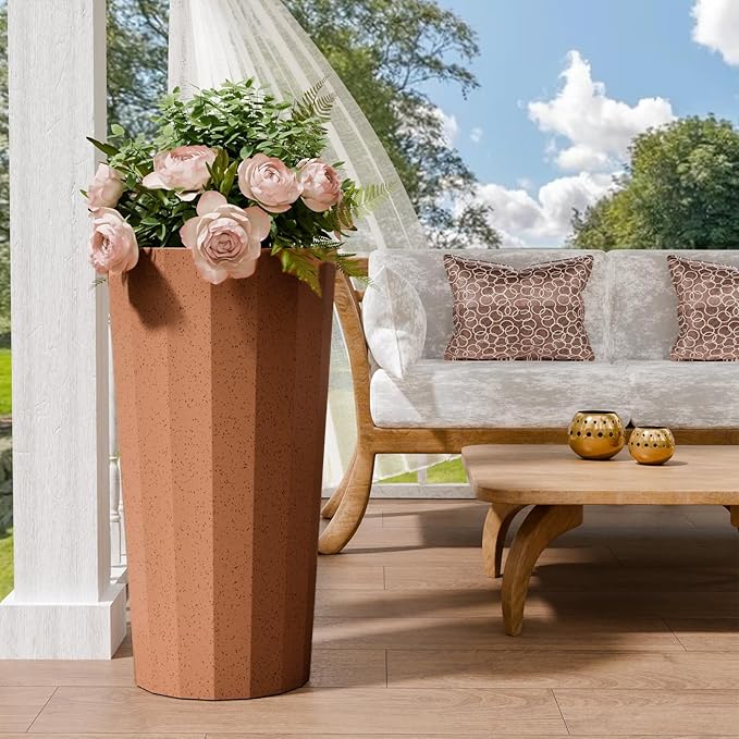 23.6" Tall Outdoor Planters Set of 2, Large Planters for Outdoor Plants for Porch Decor with Drainage Hole, Wide Stripe Design Porch Flower Pots for Indoor Pot Patio/Garden, Terracotta