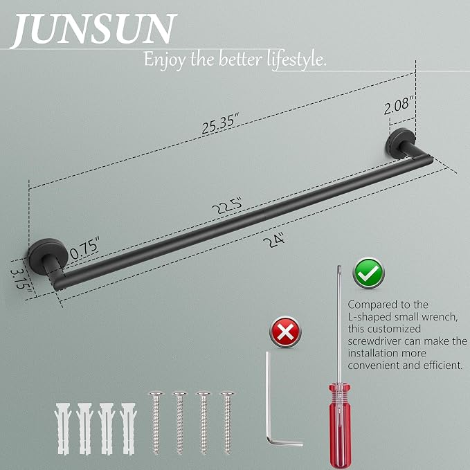JunSun Matte Black Bath Towel Bar 24 Inch Bathroom Towel Rack Hand Towel Holder Modern Home Decor Towel Rod Bathroom Hardware Black Towel Hanger Towel Rail Towel Shelf Single Towel Bars Wall Mounted