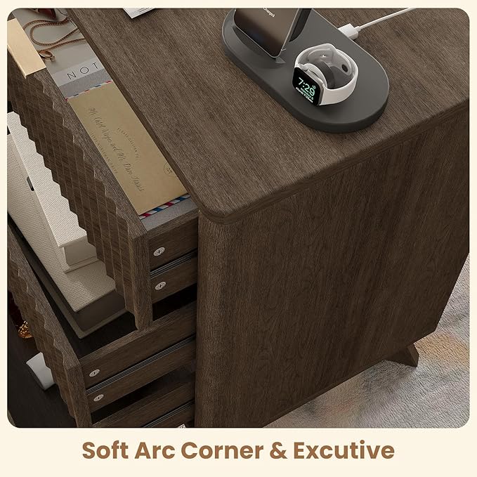 30" Tall Fluted NightStand Set of 2,Modern Side Table with Storage, 3 Drawers End Table with Charging Station,Night Stand Wood Bedside Tables for Bedroom,Curved Profile Design,Walnut