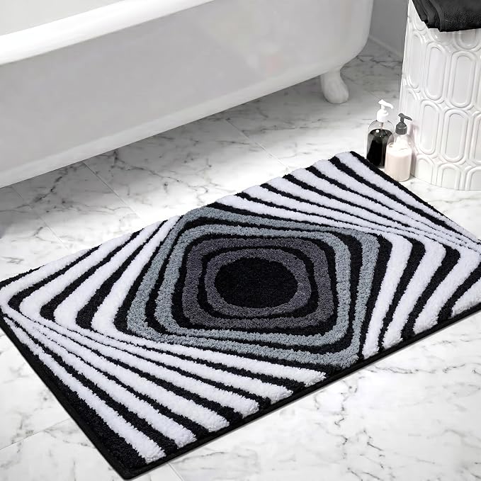 High Pile Tufted Bath Mat Non Slip Absorbent, Ultra Soft Microfiber Bathroom Rug with 3D Striped Pattern, Funky Small Rug for Sink, Toilet, Tub, Machine Washable, 16"x24", Black