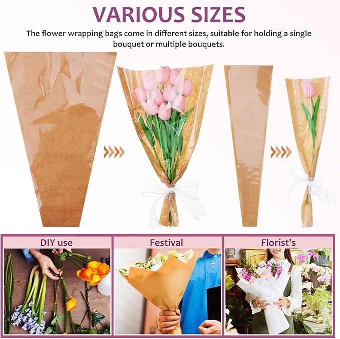 GALPADA Kraft Paper Floral Bag Floral Wrapping Paper Ribbons Sturdy Bouquet Wrapping Bags for Easy Flower Packaging