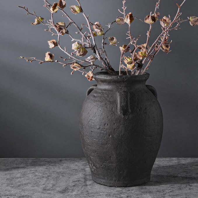 Handmade Black Ceramic Vases 9.5” Matte Antique Decorative Vase with 3-Ear Design Modern Rustic Home Decor for Living Room, Shelf, Table, Entryway – Jarrones Decorativos para Sala