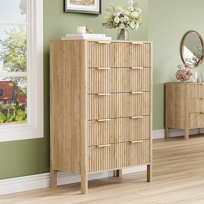 47" Tall Dressers for Bedroom Fluted 5 Drawer Dresser, Wooden Dresser Modern Chest of Drawers Dressers with Organizer Storage for Bedroom, Living Room, Entryway, Oak