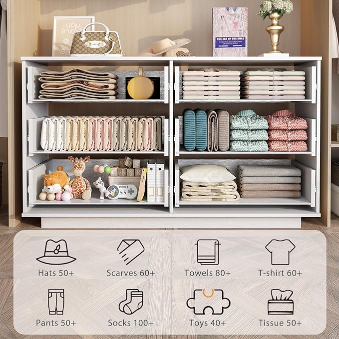 IBF Modern 6 Drawer Dresser for Bedroom, Fluted White and Gold Chest of Drawers for Kid Adult Closet, Large Wood Clothes Storage Dresser with Anti-Tipping Device for Living Room Hallway, White Oak