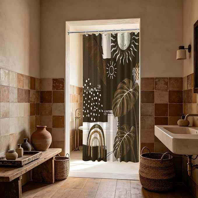 Dark Brown Mid Century Modern Shower Curtain Boho Abstract Khaki Earth Tone Shower Curtains for Bathroom Decor Sets, Waterproof Cloth Fabric with Hooks, 36 x 72 Inch
