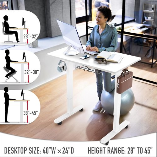 SHW Mobile Electric Height Adjustable Sit to Stand Desk - 40-Inch, White with Drawer & Cable Management