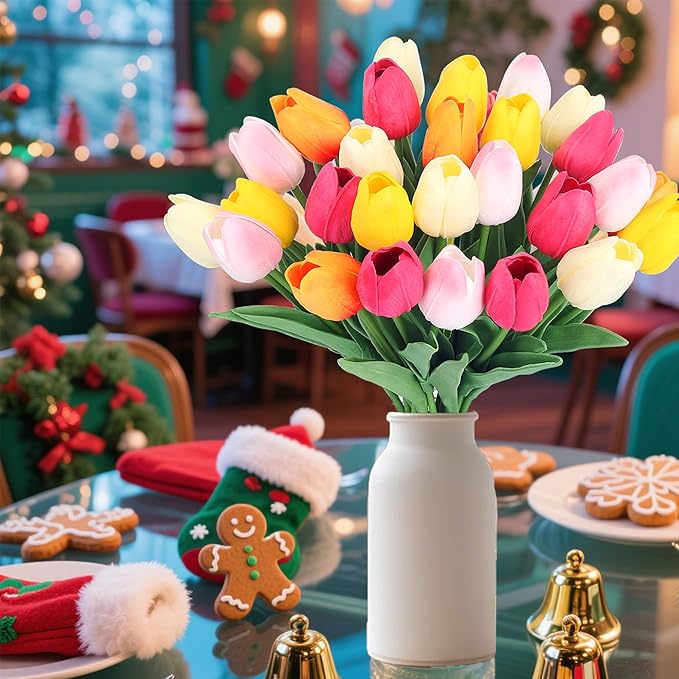 20pcs 14" Tulips Artificial Flowers for Real Touch Fake Tulips Slik Faux Flowers for Summer Wedding Bouquet Spring Mother's Day Home Decor (6 Color)