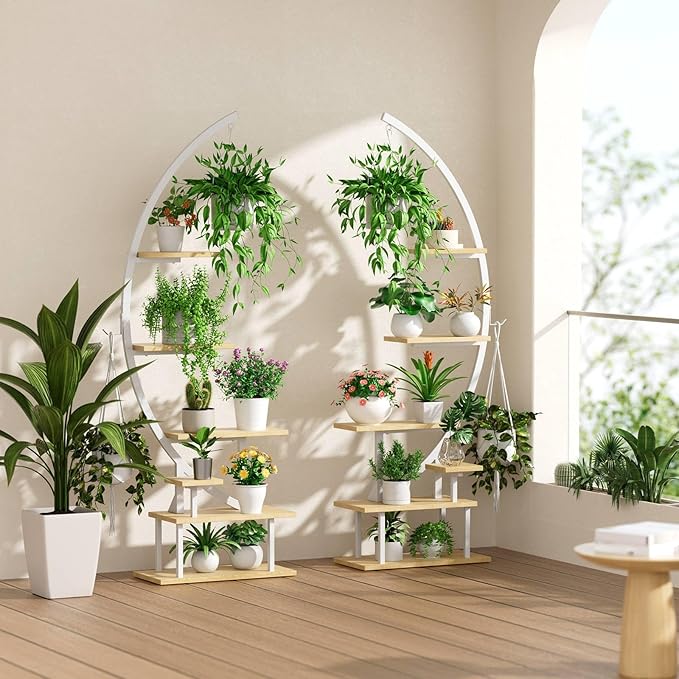 GREENSTELL Plant Stand Indoor with Grow Lights, 7-Tiered Tall Metal Plant Stand for Indoor Plants, Half-Moon Shape Display Shelf for Home,Living Room, Patio, White (1 Pack)