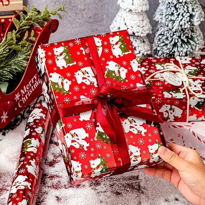MAYPLUSS Christmas Wrapping Paper Roll - 17IN X 33FT - Red Gift Wrapping Paper Featuring white Polar Bear Christmas Tree Against Red Reversible Candy Cane for Kids, Holiday, New Year