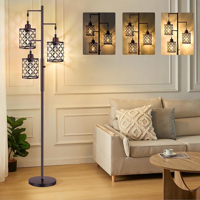 Dimmable Floor Lamp, Farmhouse Standing Lamp with Elegant Metal Cage, Industrial Tall Tree Floor Lamps for Living Room, Bedroom, Study Room, Office, 2000LM LED Bulbs Included - 68", Brown