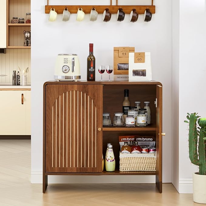 Sideboard Buffet Cabinet with Storage, Wood Arched Storage Cabinet with 2 Doors and Adjustable Shelf, Small Curved Entryway Accent Cabinet for Living Room Hallway Kitchen Dining Room, Walnut