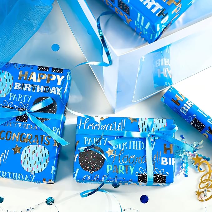 WRAPAHOLIC Birthday Wrapping Paper - Mini Roll - 17 Inch x 16.5 Feet - Blue Gold Foil Happy Birthday Wrapping Paper for Kids, Boys, Men, Baby Shower