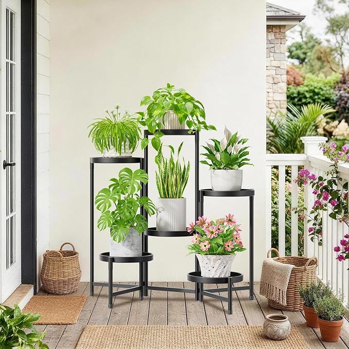 iDavosic.ly 6 Tier Large Plant Stand Indoor with 10 Inch Wide Tray, Tiered Corner Metal Outdoor Flower Display Holder Shelf, Folding Tall Rack for Patio Porch Living Room, Modern Black