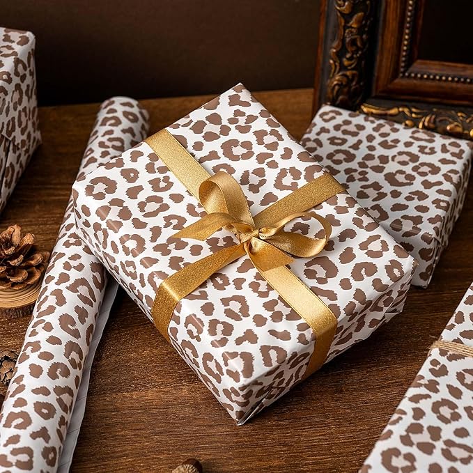 Burymento Brown Leopard Print Wrapping Paper, Cut Auxiliary Line Design Gift Wrap for Birthday Gift Wrap for Baby Shower, Valentines, Mothers day, Graduation, Wedding, Fathers day, Christmas (17in x 32.8ft)