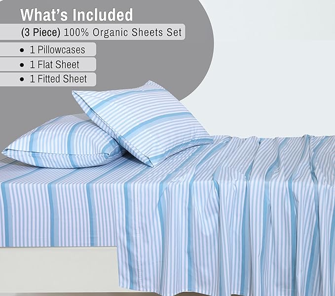 RUVANTI 100% Organic Cotton Sheets Twin XL, Percale Weave, GOTS Certified, 3-Piece Set, Deep Pocket 15", Crisp & Breathable, Soft Durable Bedding, Sábanas Algodón Orgánico – Nautical Stripes