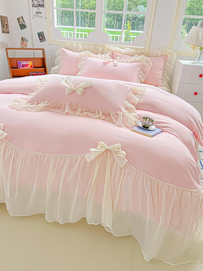 Girls Lace Bedding,Queen Comforter Cover Set, Chic Ruffled Duvet Cover with Lovely Bow,Princess Style 1 Duvet Cover with 2 Pillowcases, No Comforter-Pink,Queen Size