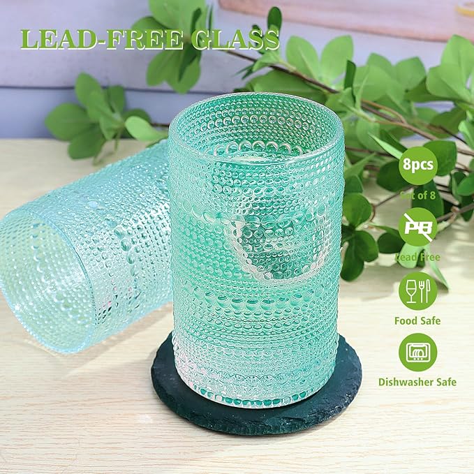 Hobnail-Drinking Glasses 13oz Vintage Glassware Sets Cocktail Juice Glasses Set of 6, Aqua