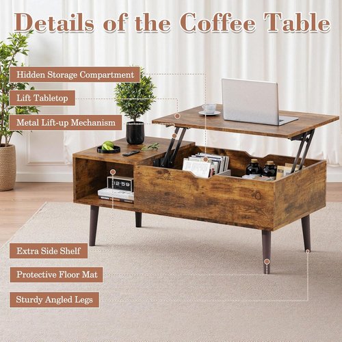OLIXIS Wooden Coffee Table - Lift Top Design with Hidden Storage Compartment | Rustic Style for Small Spaces