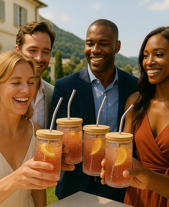 Vintage Art Deco Colorful Highball Beaded Glasses - Comes with 6X Glass Straws & Wooden Lid - Muted Embossed Cocktail, 6 Set - Gift-Ready Highballs - Unique Colored Glassware Home Bar & Kitchen Gift