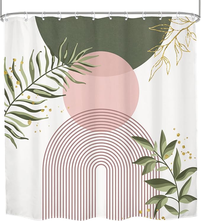 Green Pink Boho Shower Curtain 72Wx72H Modern Bohemian Abstract Sage Green Gold Leaves Plant Botanical Minimalist Bathroom Decor Geometric Neutral Bath Curtain Fabric Polyester 12 Pack Hooks