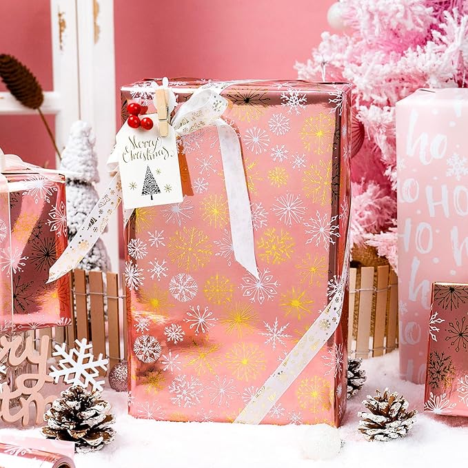 MAYPLUSS Pink Christmas Wrapping Paper Roll - 17IN X 33FT - Christmas Gift Wrapping Paper Featuring Gold and White Snowflake Reversible HO for Kids, Holiday, New Year