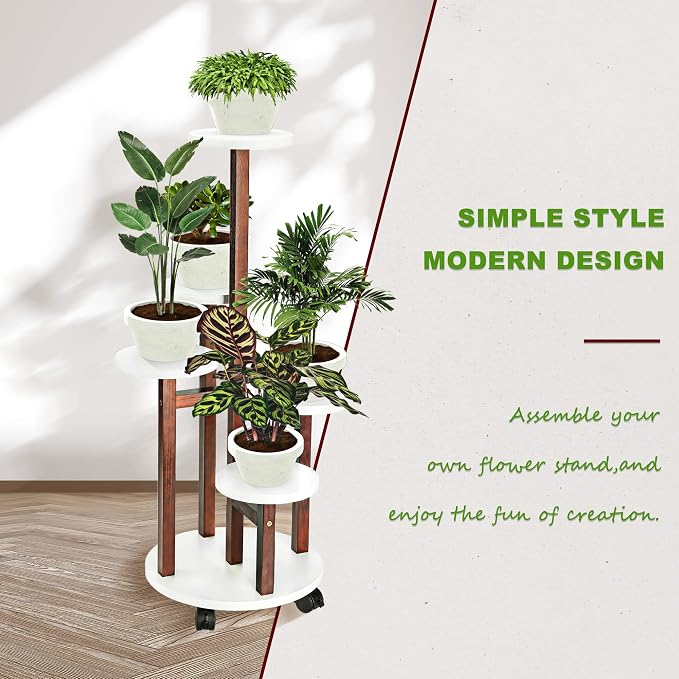 Plant Stand Indoor with Wheels - 5 Tiered Wood Corner Plant Stands For Living Room Balcony Garden Patio Outdoor- Espresso White