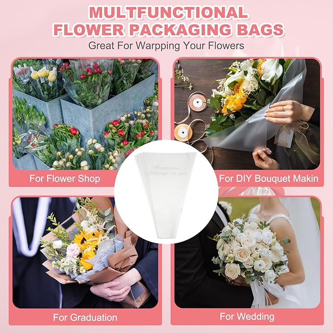 YELARXI Clear Flower Wrapping Bags, Transparent Flower Packaging Bag Waterproof Bouquet Sleeves with Letter - Fitting for (Florists/Floral Arrangements Supplies), 13x3.9x19.7 Inch & 50Pcs