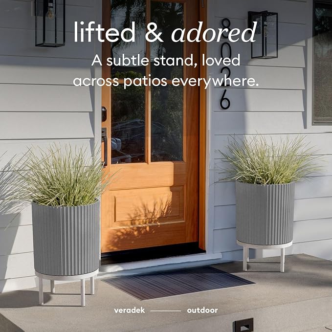 Veradek Demi Series Round Planter w/Stand for Porch/Patio | Durable Plastic-Stone Composite & Wooden Stand | Modern Décor for Tall Plants, Flowers
