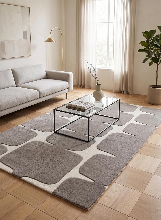 Restoration and Renovation Modern Wool Area Rug - Contemporary Abstract Geometric Design, Thick & Soft Hand-Tufted Carpet - Ideal for Indoor Decor in Living Room, Bedroom (Taupe, 3' x 5')