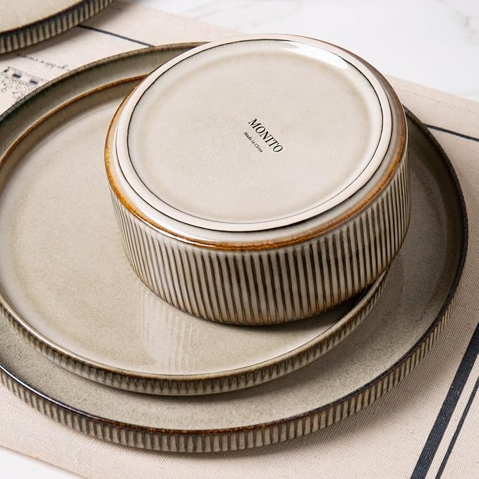 MONITO Ceramic Dinnerware Sets for 6, 18PCS Stoneware Plates and Bowls Sets, Reactive Glaze Dish Set, Chip and Scratch Resistant Double, Microwave and Dishwasher Safe, Brown