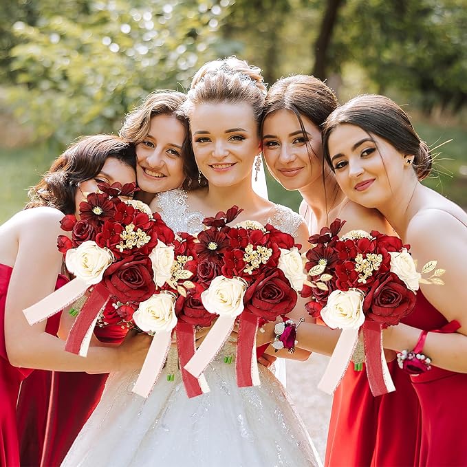 Bridesmaid Bouquets for Wedding, 9 Inch Luxury Artificial Flowers Bouquets for Ceremony Anniversary Centerpieces Decorations -Burgundy & Gold & White