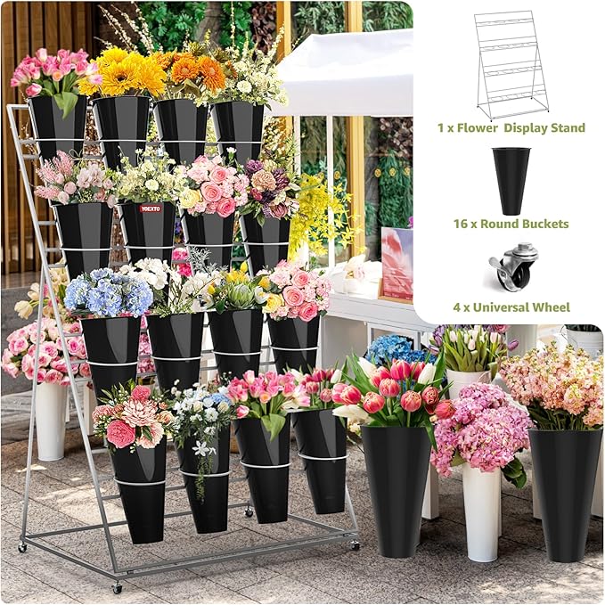 Flower Display Stand 4 Layers with 16 PCS Round Buckets, Plant Stand with Wheels, Movable Metal Plant Stand for Terrace Garden, Florist Shop