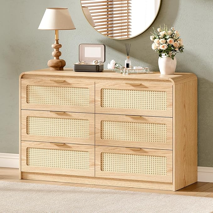 Mid Century Modern Dresser,Rattan 6 Drawers Dresser for Bedroom, 47" Wide Wood Dressers & Chests of Drawers/Curved Profile Design, Natural Texture for Bedroom, Living Room, Natural