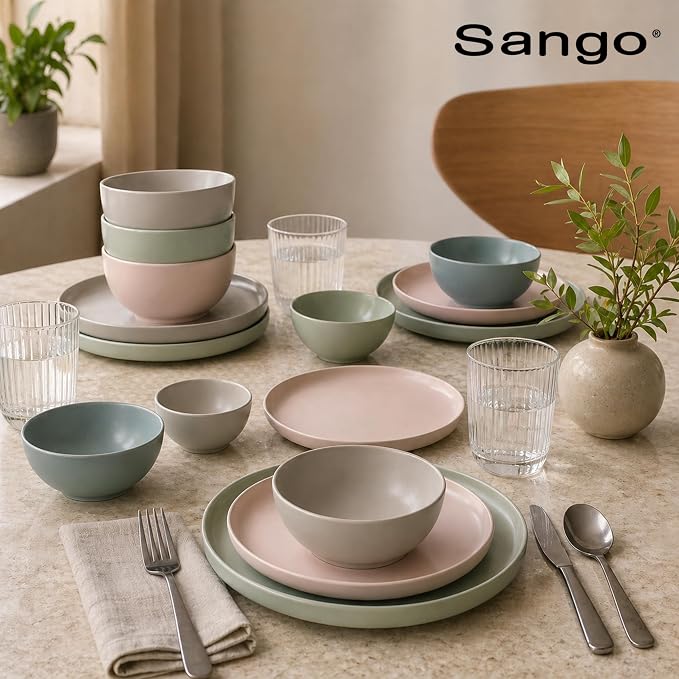 Sango 16-Piece Stoneware Dinnerware Set for 4, Satin Glazed Plates and Bowls Sets with Matte Finish, Ceramic Dish Set, Durable Kitchen Dishes, Microwave & Dishwasher Safe Dining, Rollo Artist's Blend