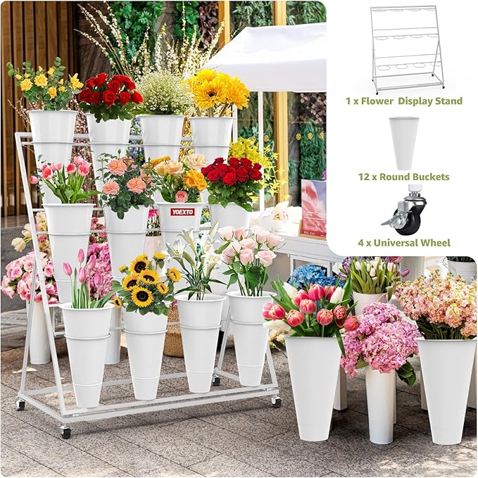 Flower Display Stand 3 Layers with 12 PCS Round Buckets, Plant Stand with Wheels, Movable Metal Plant Stand for Terrace Garden, Florist Shop