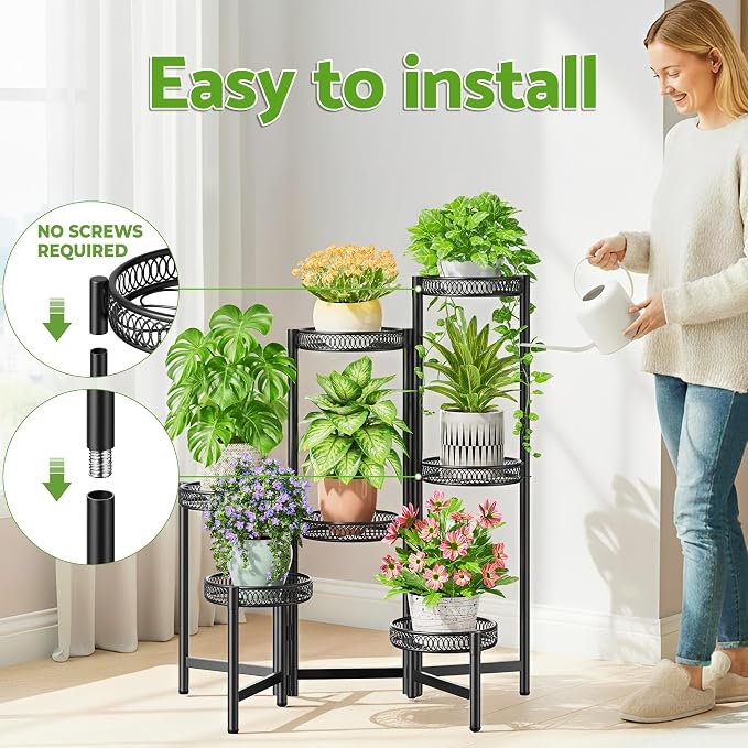 Plant Stand Indoor Outdoor, 7 Tier Large Plant Stand with 7.9-Inch Wide Drainage Tray, Tiered Corner Metal Iron Flower Display Holder Shelf, Folding Tall Rack for Patio Balcony Porch - BlackFlower