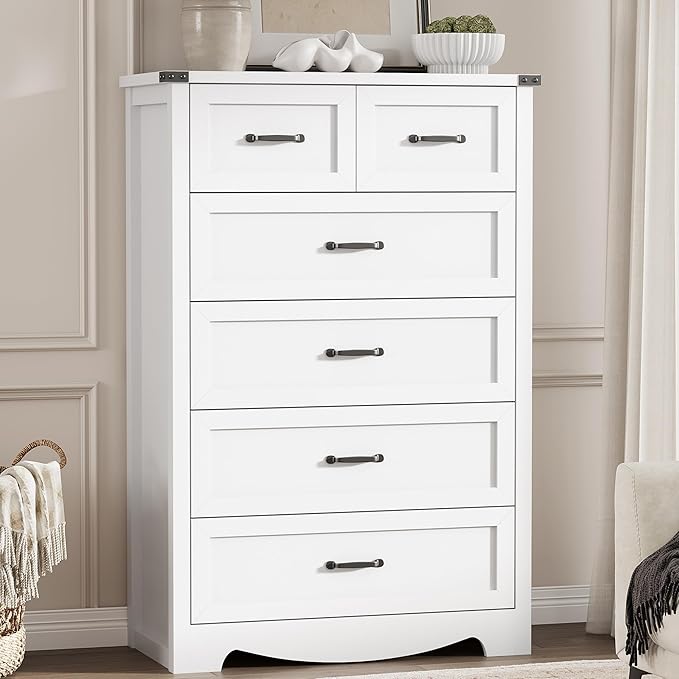 Dresser for Bedroom with 6 Drawers, 49" Tall Wood Chest of Drawers with Deep Drawers & Mental Handle, Modern Dresser TV Stand, Wooden Closet Storage Organizer for Living Room, Hallway, Entryway, White