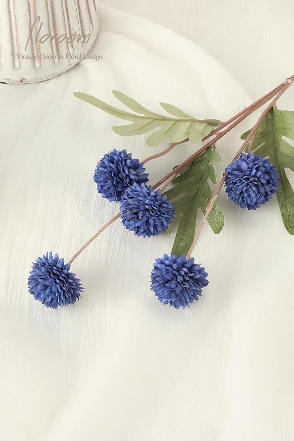 Floroom 5pcs Royal Blue Faux Silk Mums Artificial Flowers, Bulk Fake Small Mini Chrysanthemums with Stems for DIY Wedding Centerpieces Floral Arrangements Vase Fillers Home Decorations