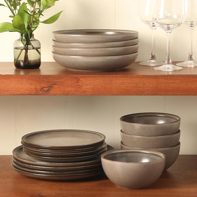 Gibson Elite Beckett Stoneware Matte Reactive Glaze 16 Piece (Service for 4) Plates and Bowls Dinnerware Set - Grey