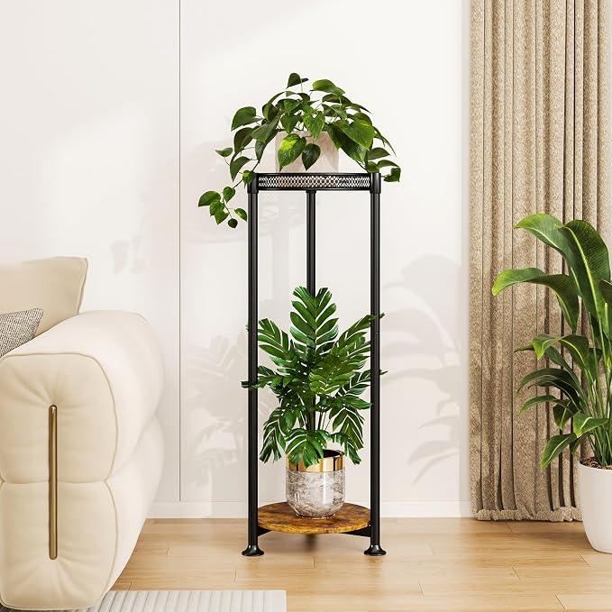 2 Tier Black Plant Stand Indoor,30 Inch Tall Multiple Sturdy Metal Flower Corner Rack for Narrow House Floor Iron Vertical Level Round Orchi Holder Organizer Modern